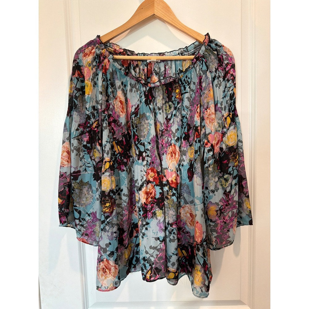 Spense Womens Floral Peasant Blouse Blue Pink Bell Sleeve Crinkle Top Medium
